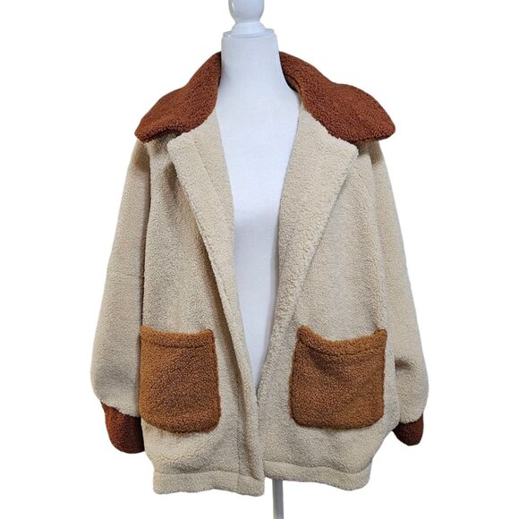 Pilcro Colorblock Sherpa Kimono OS Oversized Jacket Tan Brown Open Front - Picture 1 of 10